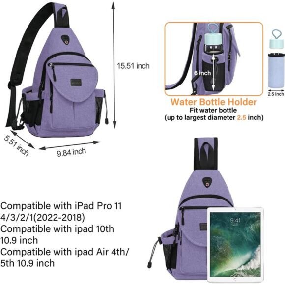 Sling Backpack, Canvas Crossbody Bag Purple - Picture 2 of 5